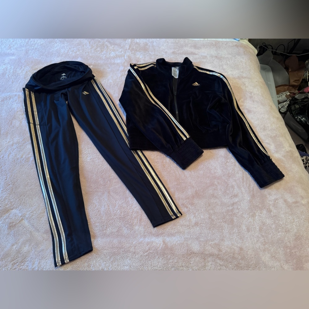 Adidas Women’s XS Kids L bottom XL Top Black Joggers with Gold Stripes Set